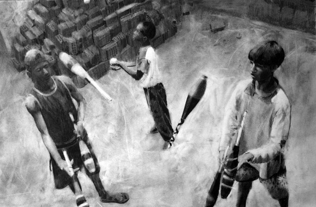 Jugglers, graphite on paper, 40 x 57 cm